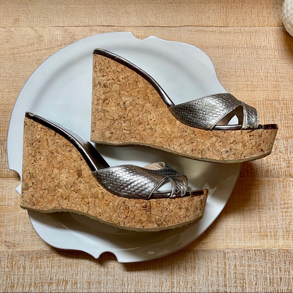 Jimmy Choo Silver and Tan Wedges